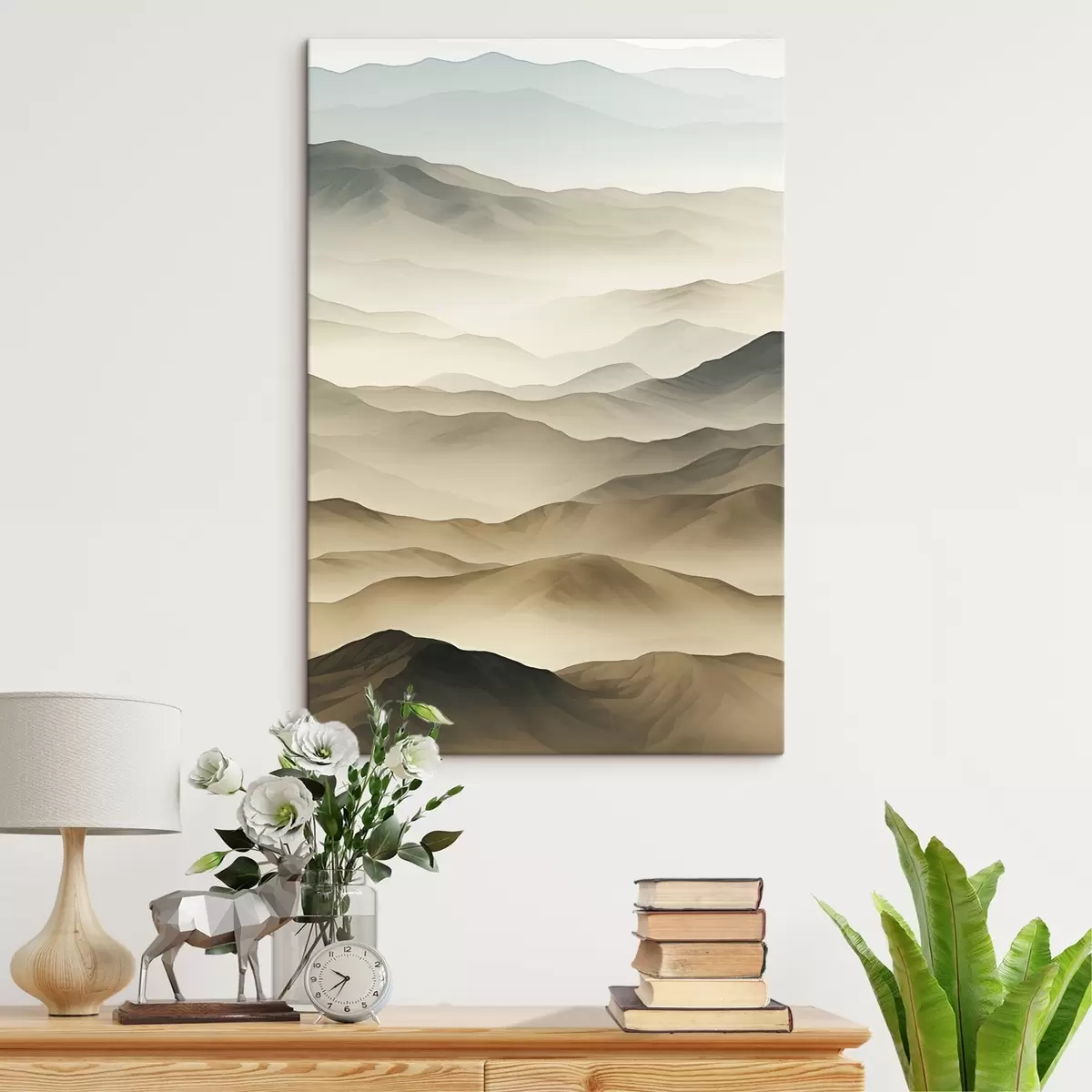 Tableau collines, brouillard, tons neutres, lignes fluides, terre, bords doux, nature, profondeur s45096