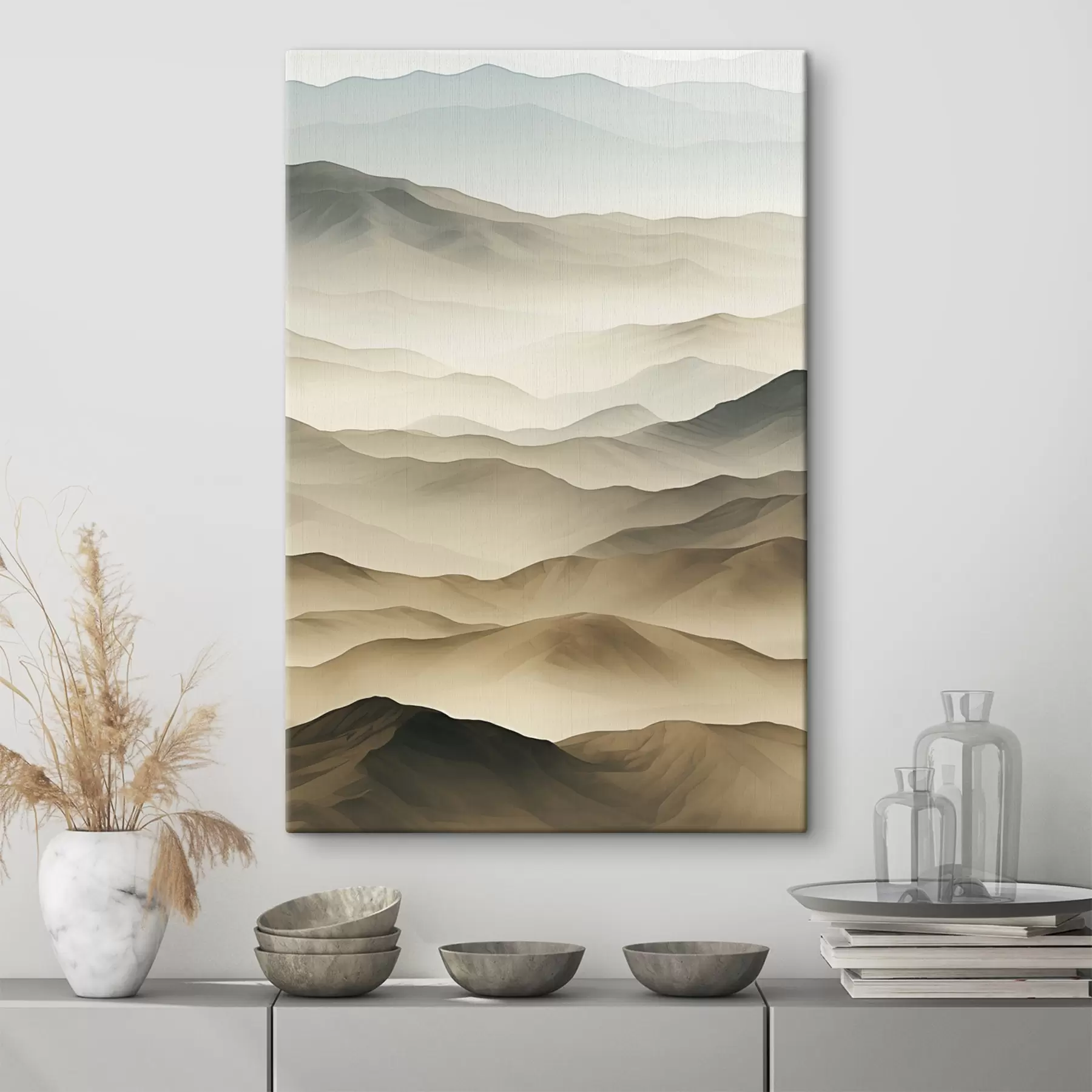 Papier peint collines, brouillard, tons neutres, lignes fluides, terre, bords doux, nature, profondeur s45096