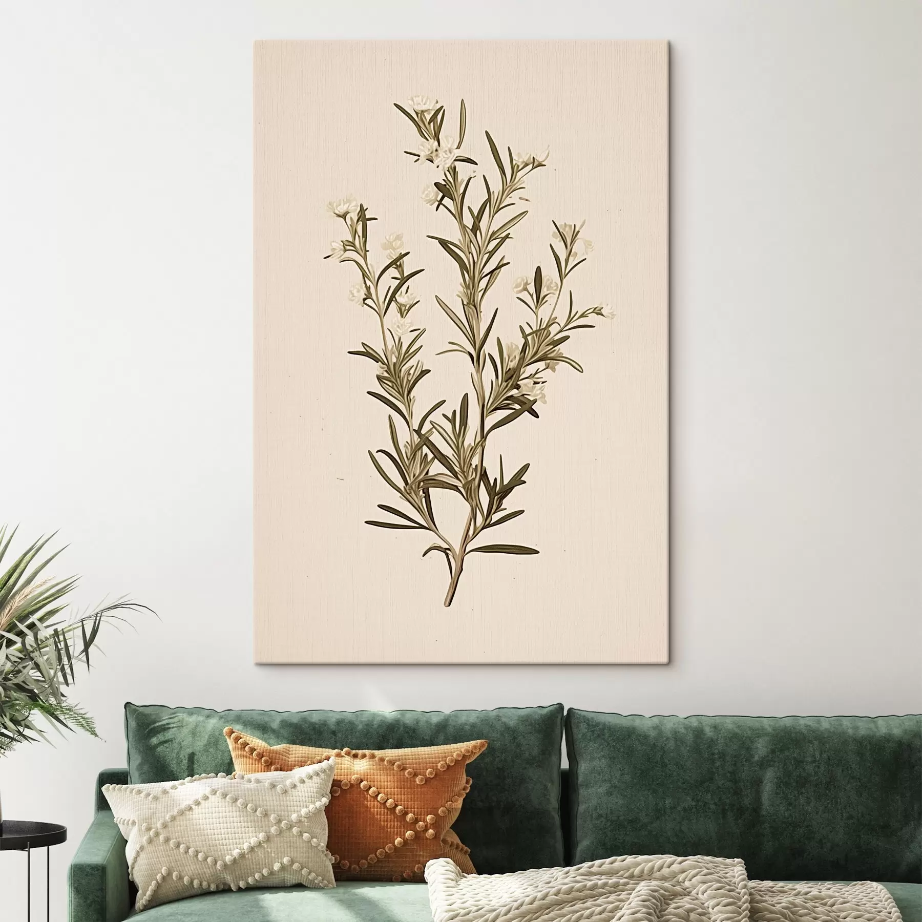 Tableau botanique, branche, fond beige, herbe, minimal, plante, feuilles vertes, tige s45098