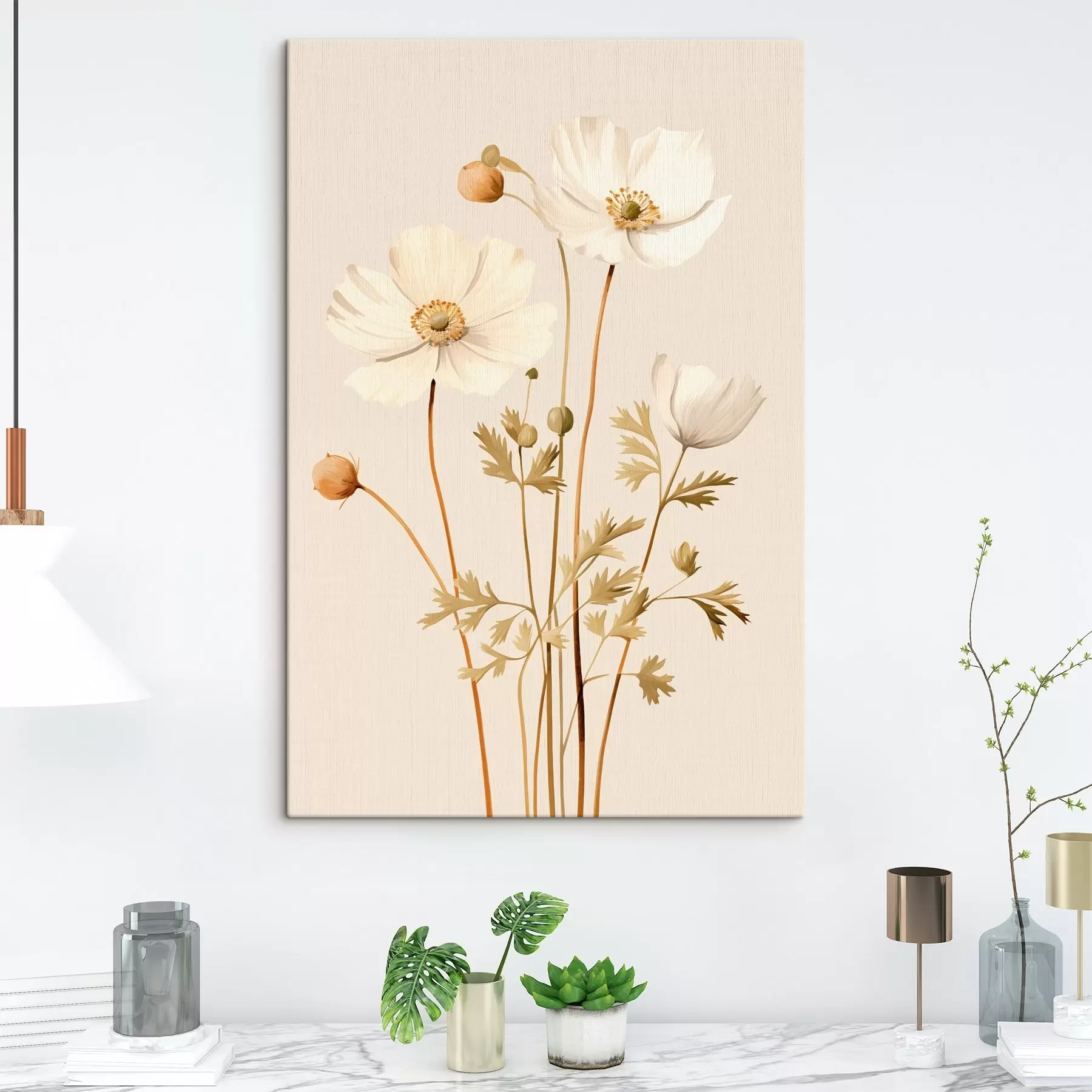 Tableau fleur, botanique, fond beige, tons doux, pétales, plante, vintage, minimal s45099