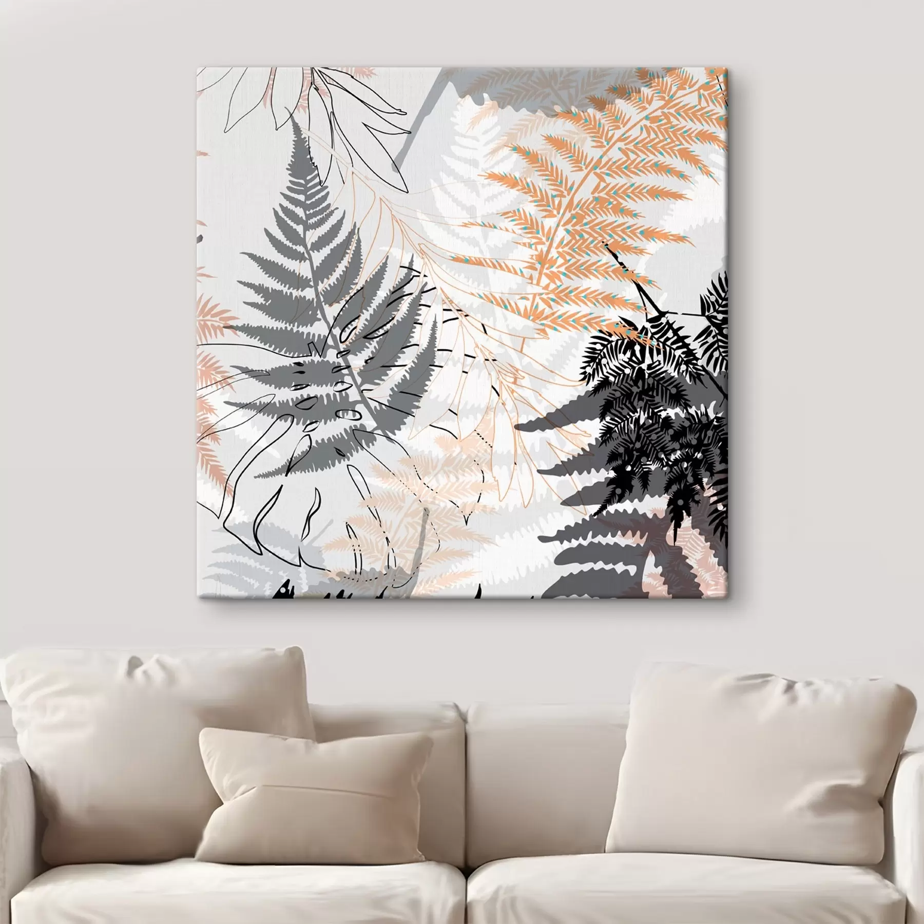 Tableau fougère, feuilles abstraites, motif, design plat, contraste, tons gris, botanique, superposition s45101