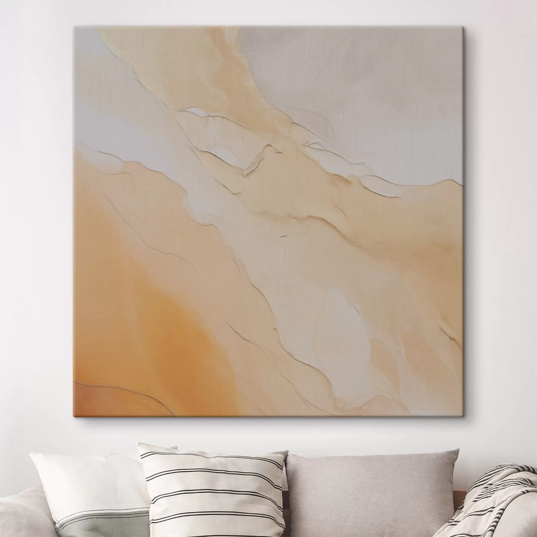 Tableau abstrait, fluide, beige, orange, texture de marbre, mélange doux, formes organiques, lisse s45105