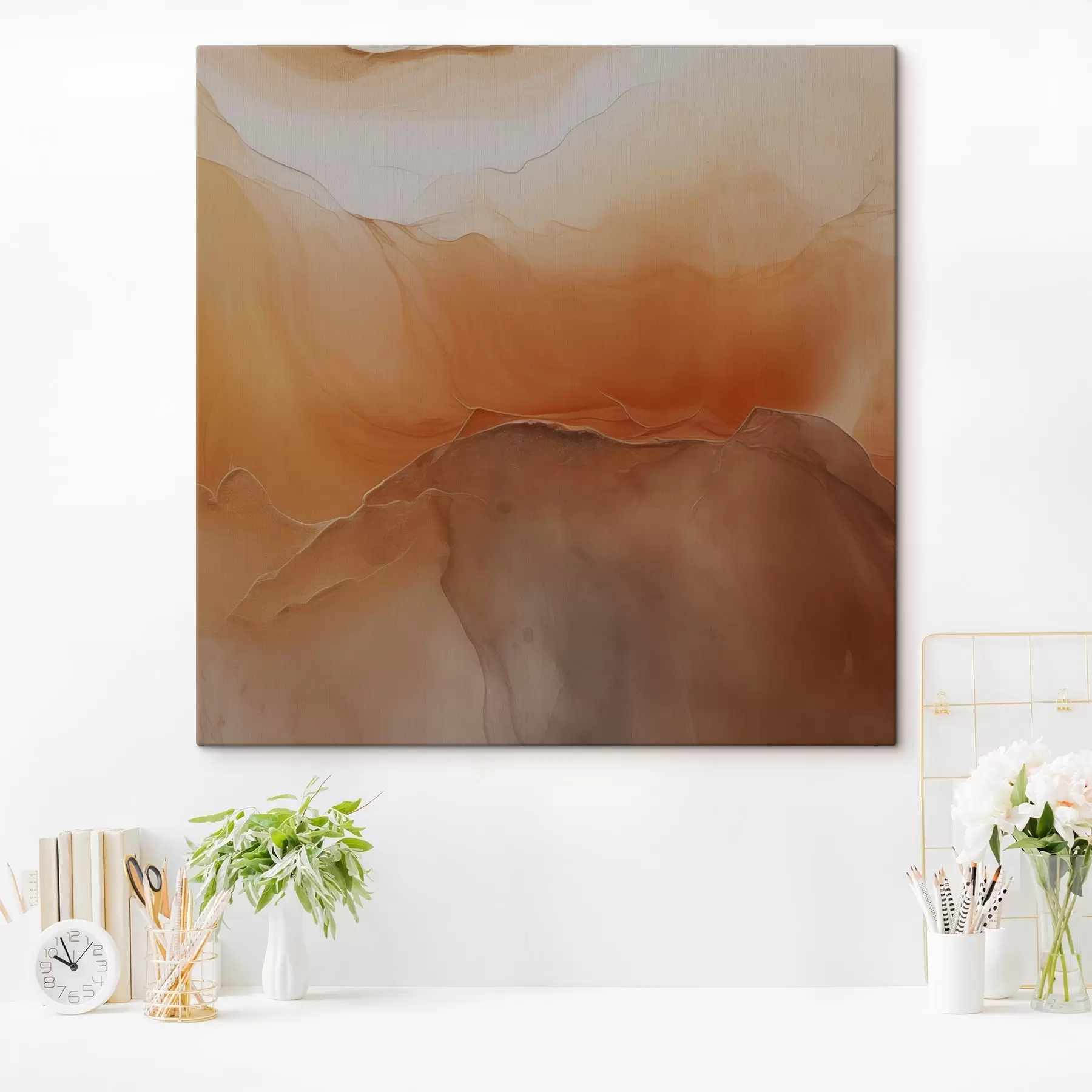 Tableau abstrait neutre, couleurs sable, courbes douces, texture visuelle, effet de flux s45108