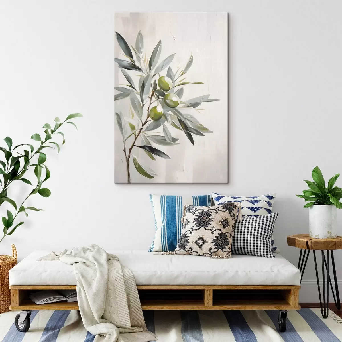 Tableau branche d'olivier, fruit vert, tons sourds, feuilles, minimal, naturel, peinture à l'huile, botanique s45109