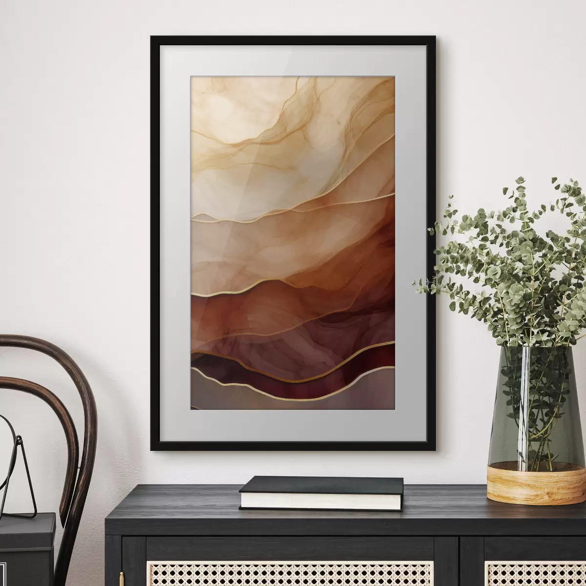 Poster fluide, sable, couches, minimal, lignes douces, tons chauds, naturel, mouvement f45090