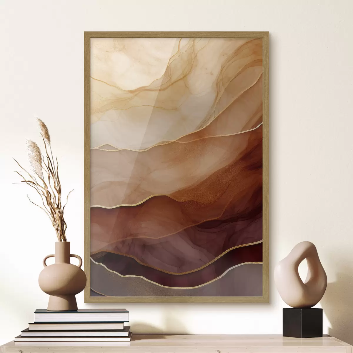 Poster fluide, sable, couches, minimal, lignes douces, tons chauds, naturel, mouvement f45090