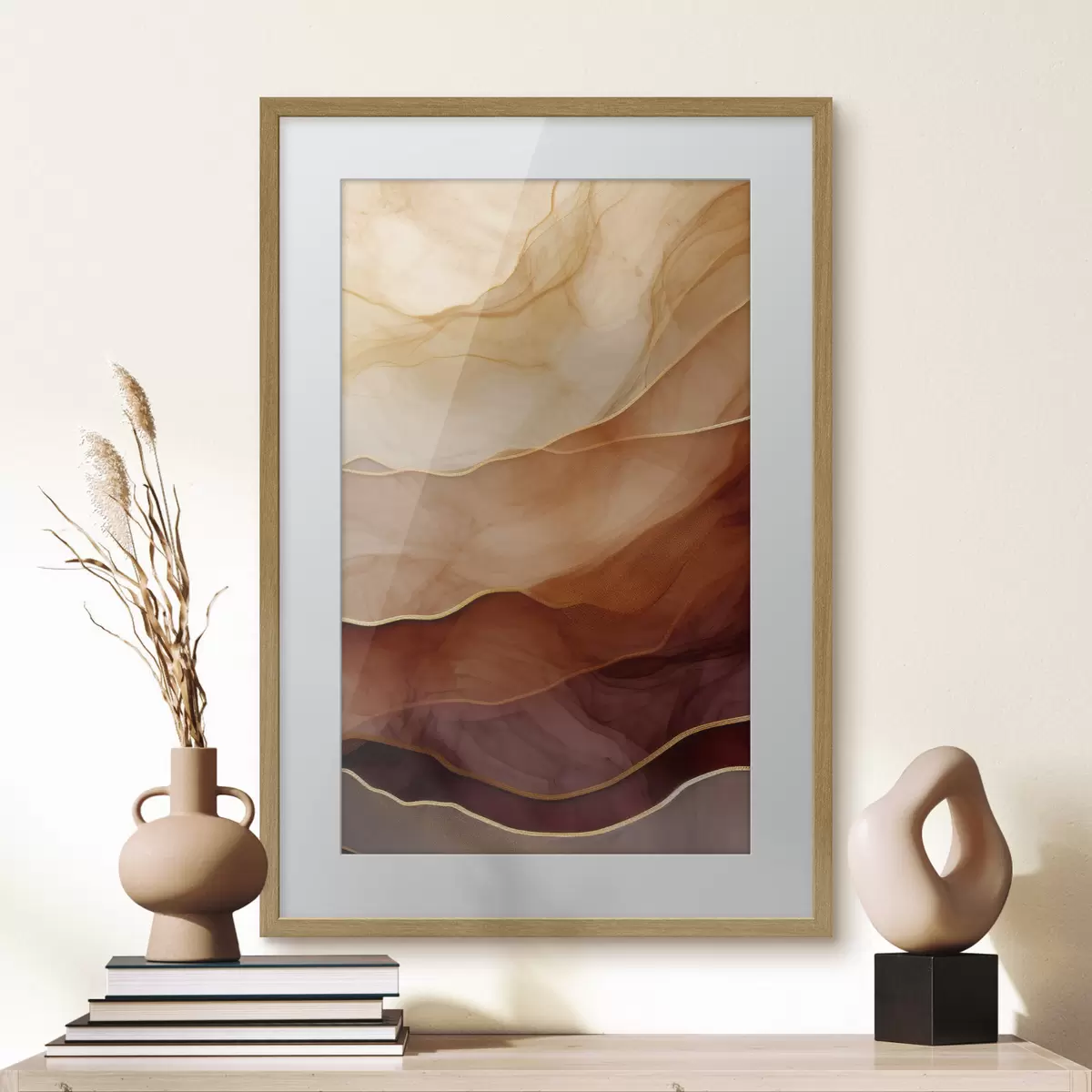Poster fluide, sable, couches, minimal, lignes douces, tons chauds, naturel, mouvement f45090