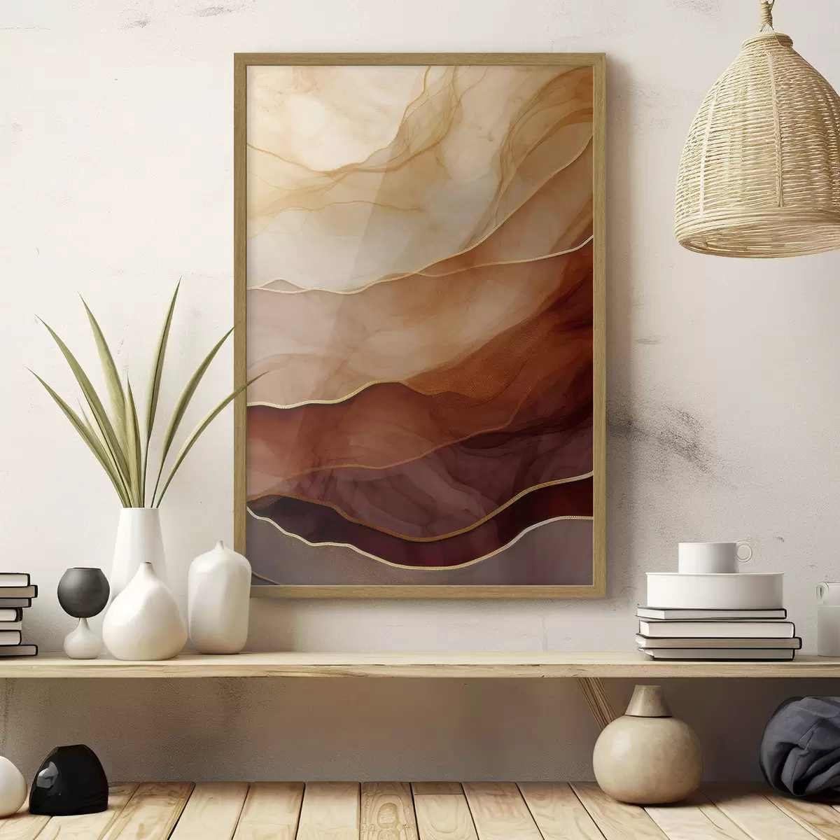 Poster fluide, sable, couches, minimal, lignes douces, tons chauds, naturel, mouvement f45090