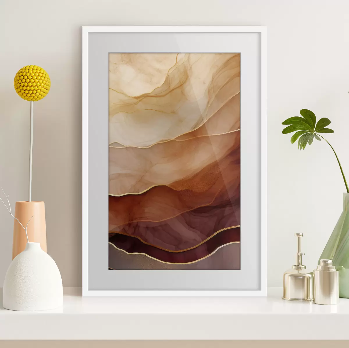 Poster fluide, sable, couches, minimal, lignes douces, tons chauds, naturel, mouvement f45090