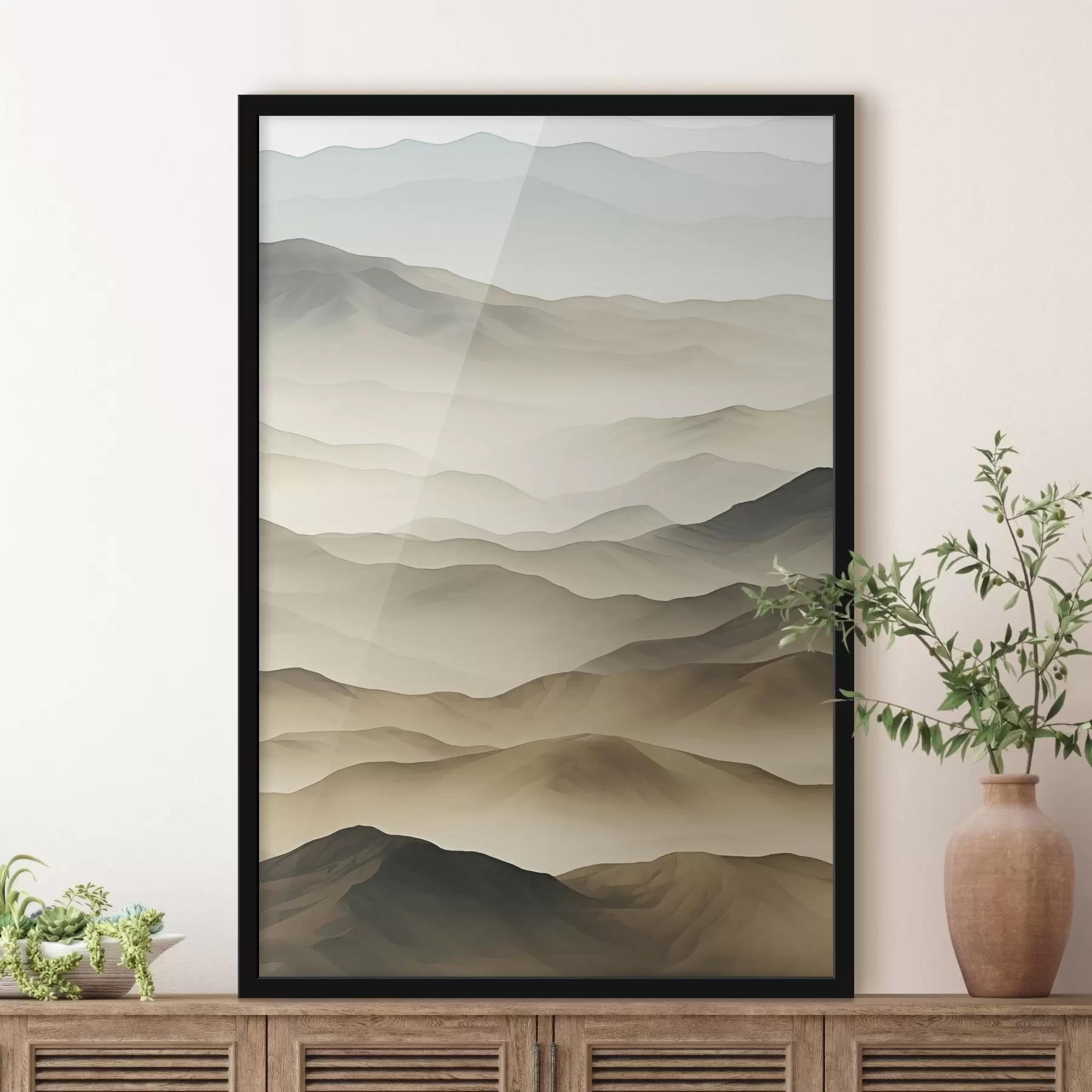 Papier peint collines, brouillard, tons neutres, lignes fluides, terre, bords doux, nature, profondeur f45096