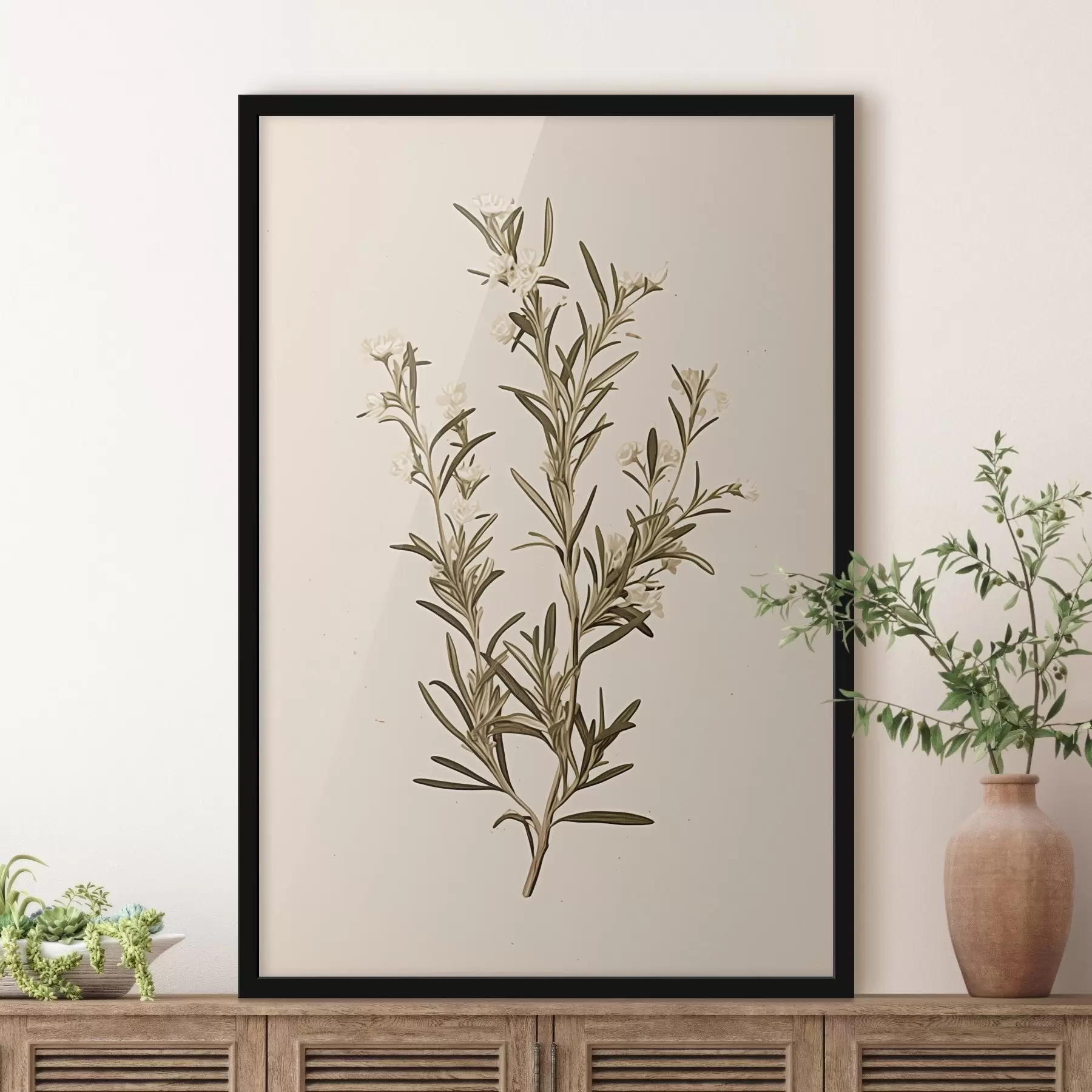Papier peint botanique, branche, fond beige, herbe, minimal, plante, feuilles vertes, tige f45098