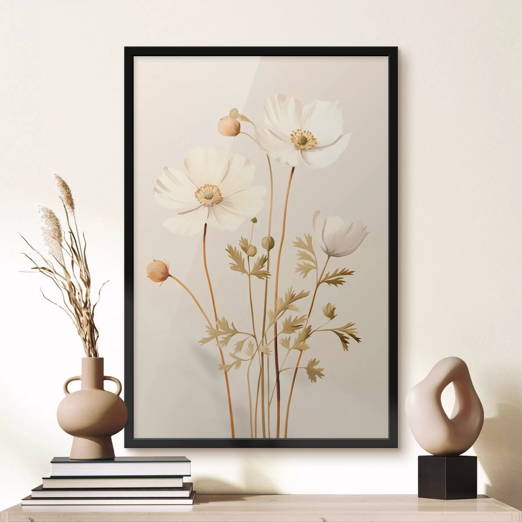 Papier peint fleur, botanique, fond beige, tons doux, pétales, plante, vintage, minimal f45099