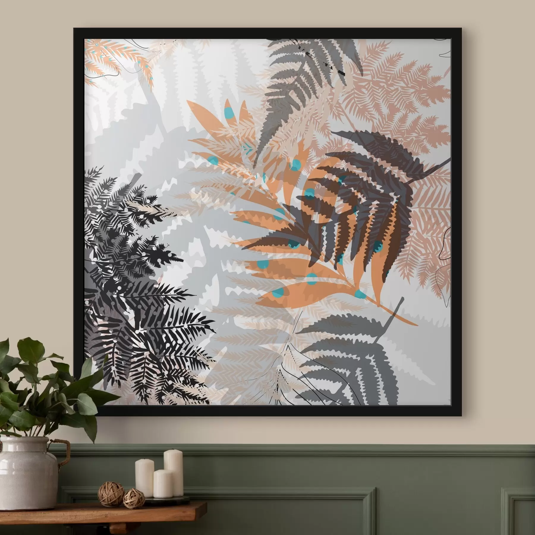 Papier peint feuillage de la jungle, style moderne, dessin au trait, plantes superposées, couleurs sourdes, nature f45102