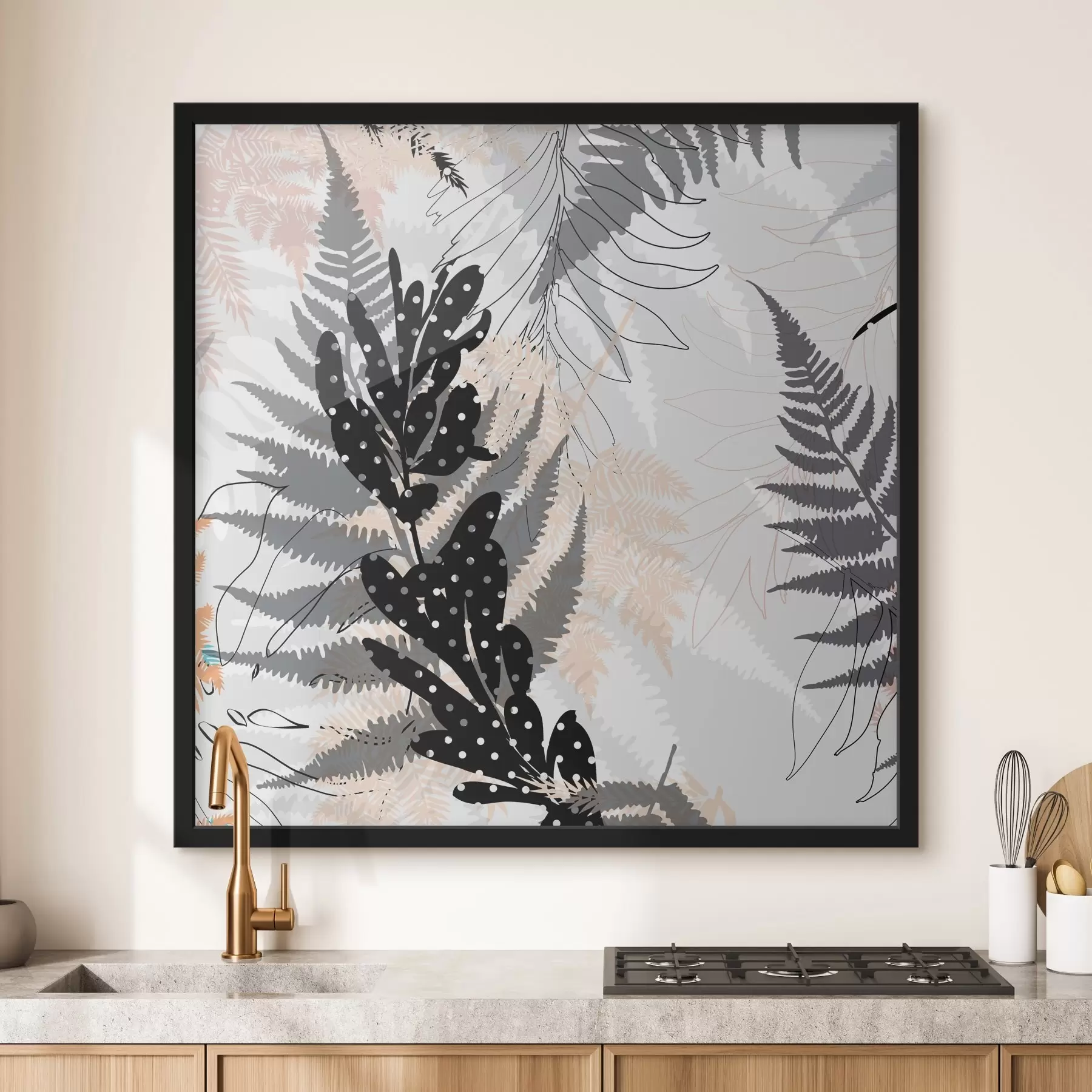 Papier peint imprimé nature, feuillage décoratif, mélange jungle, formes de fougères, palette neutre, art de la feuille f45104