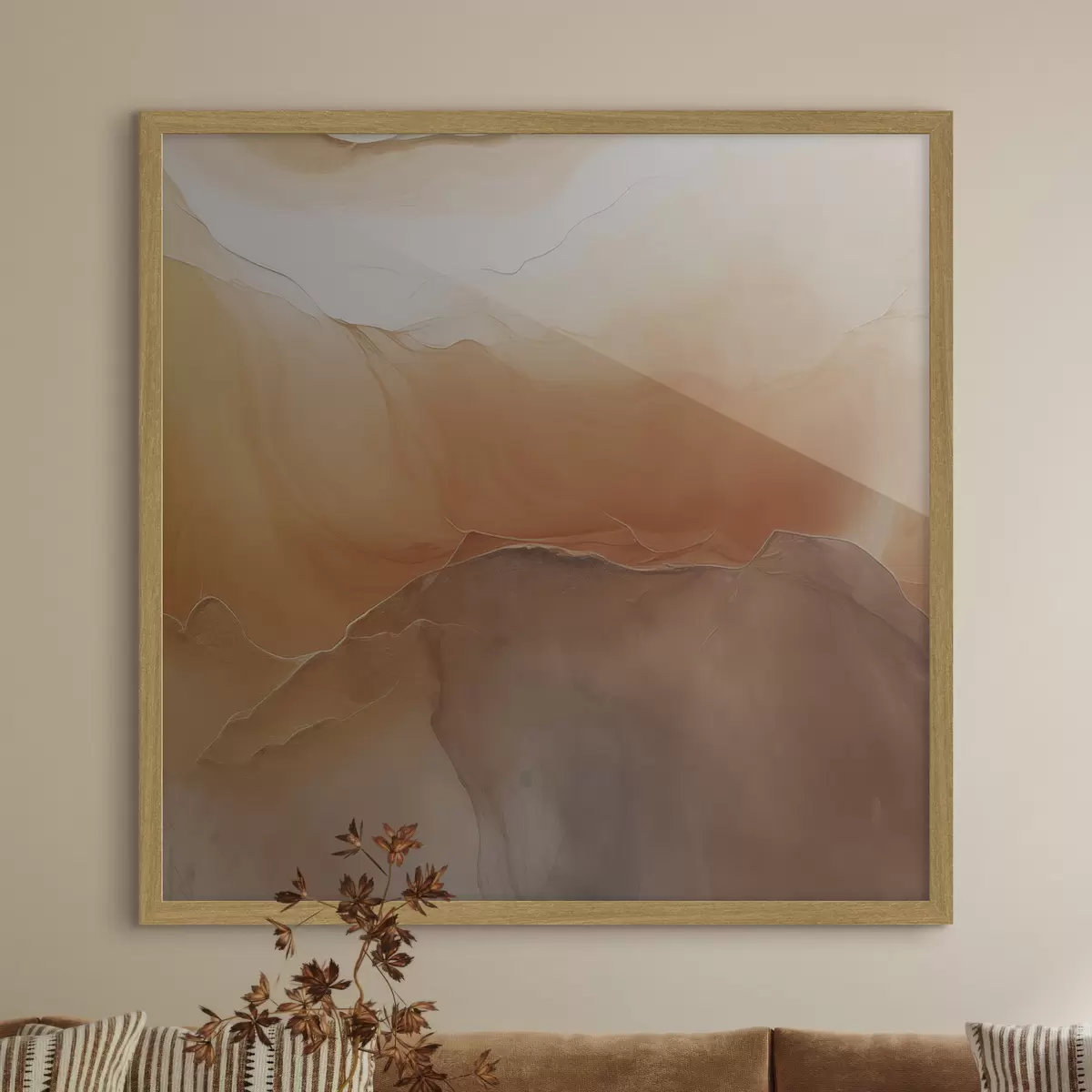 Poster abstrait neutre, couleurs sable, courbes douces, texture visuelle, effet de flux f45108