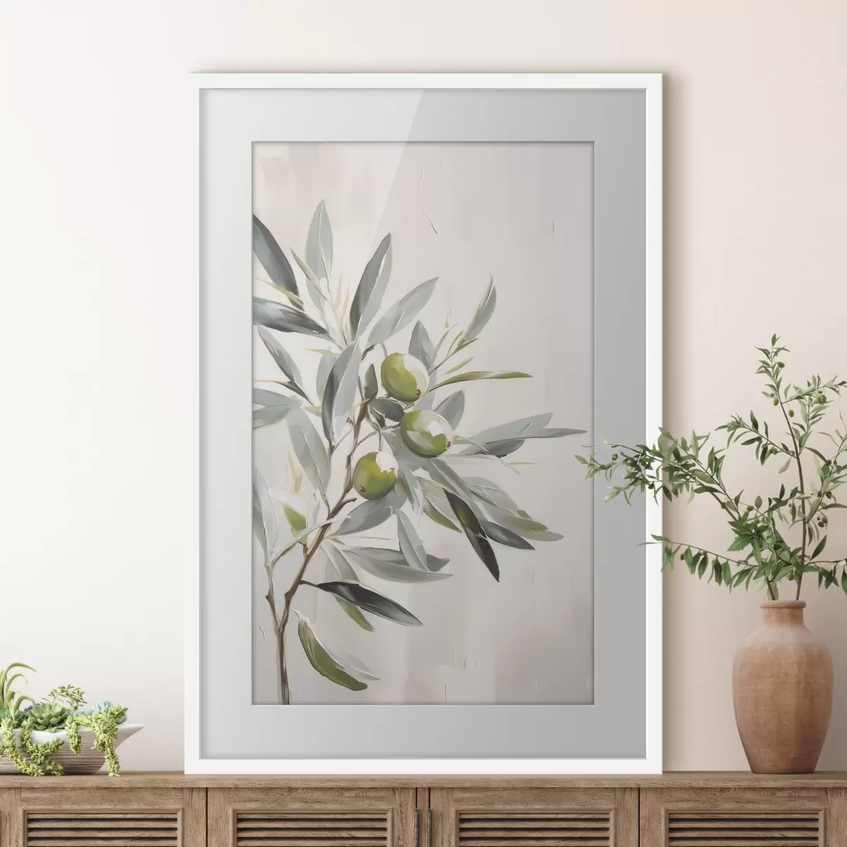 Poster branche d'olivier, fruit vert, tons sourds, feuilles, minimal, naturel, peinture à l'huile, botanique f45109