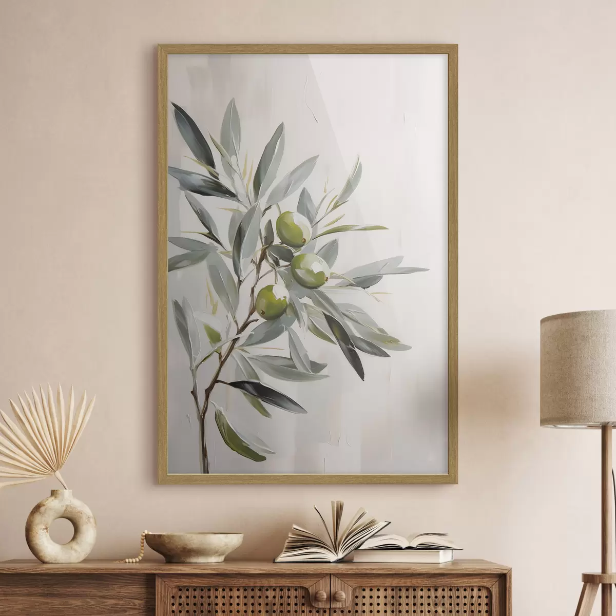 Poster branche d'olivier, fruit vert, tons sourds, feuilles, minimal, naturel, peinture à l'huile, botanique f45109