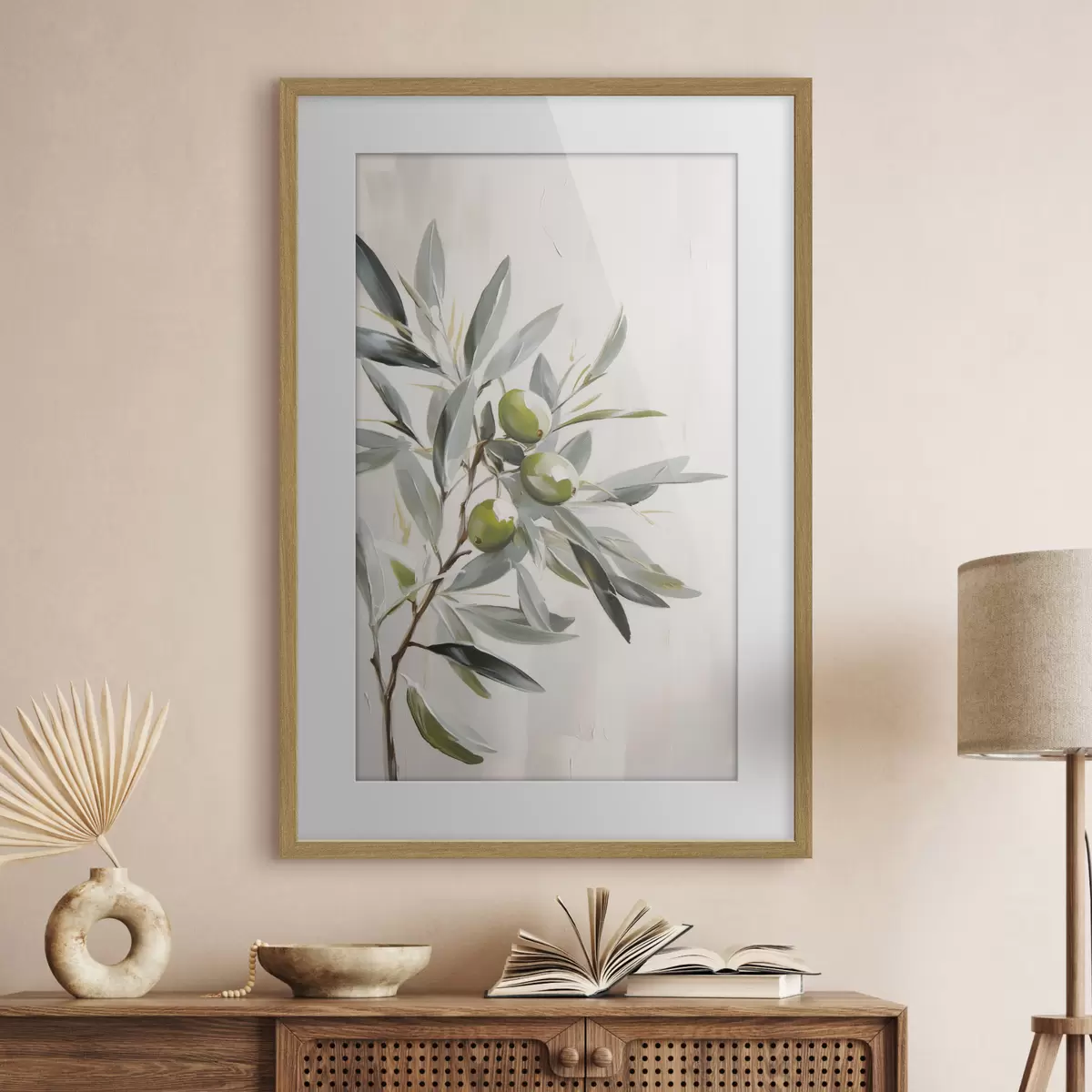 Poster branche d'olivier, fruit vert, tons sourds, feuilles, minimal, naturel, peinture à l'huile, botanique f45109