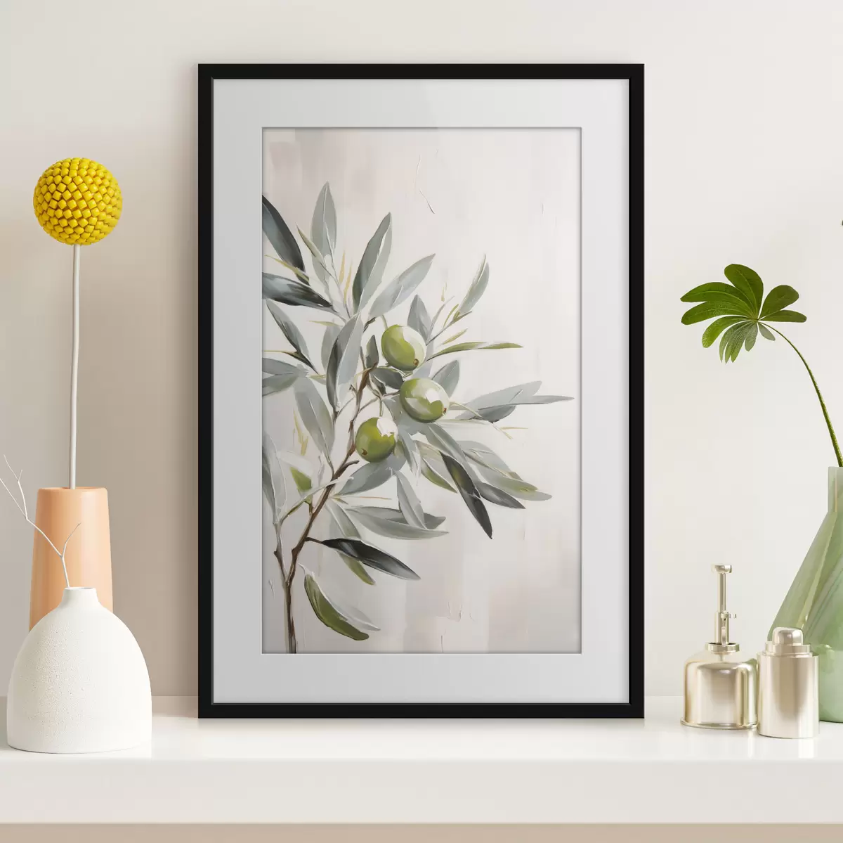Poster branche d'olivier, fruit vert, tons sourds, feuilles, minimal, naturel, peinture à l'huile, botanique f45109