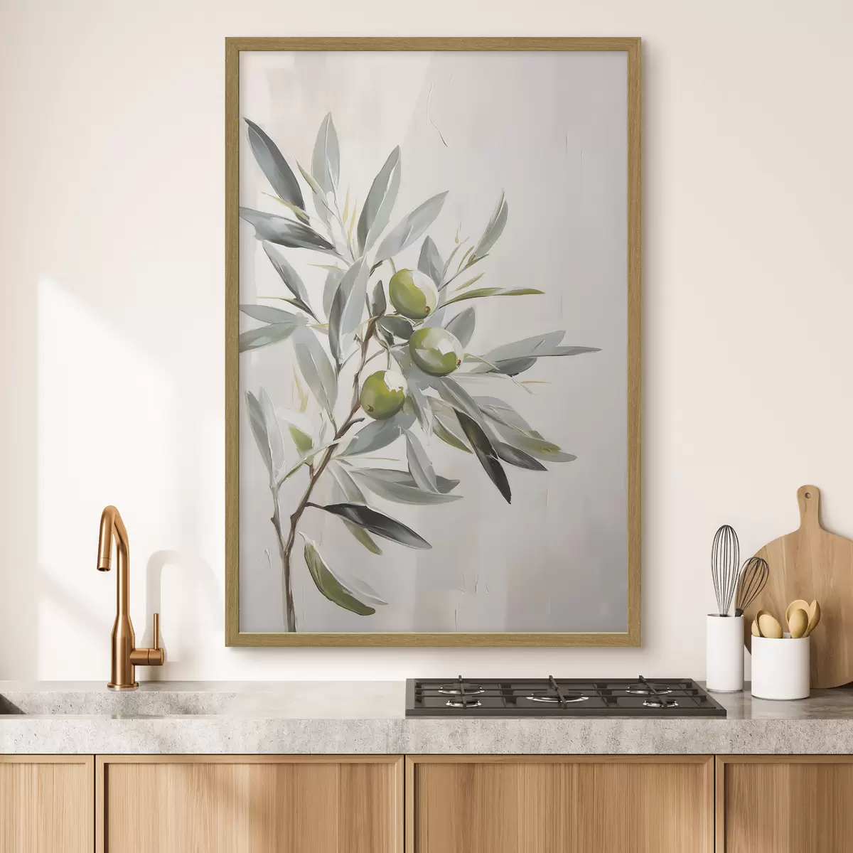Poster branche d'olivier, fruit vert, tons sourds, feuilles, minimal, naturel, peinture à l'huile, botanique f45109