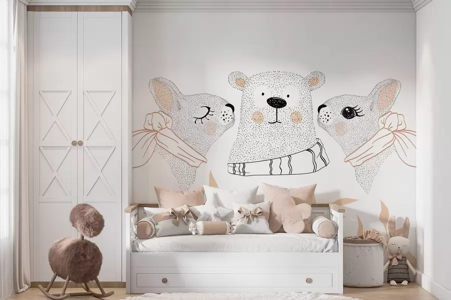 Papier peint Drôles d'animaux, lièvres et ourson w04269