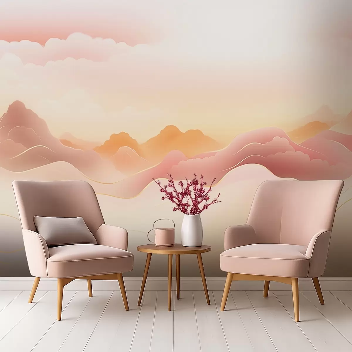 Papier peint Montagnes brumeuses sous un chaud lever de soleil w09242
