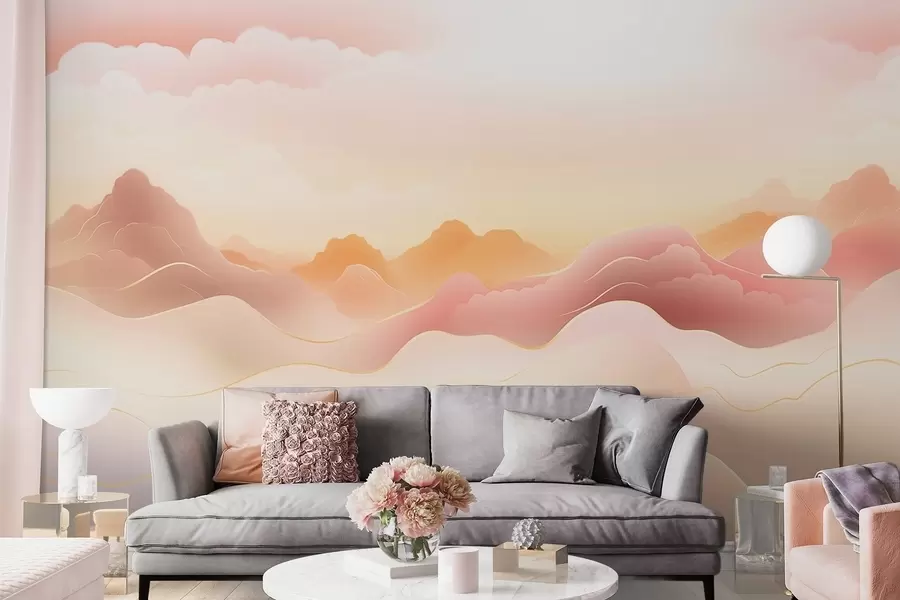 Papier peint Montagnes brumeuses sous un chaud lever de soleil w09242
