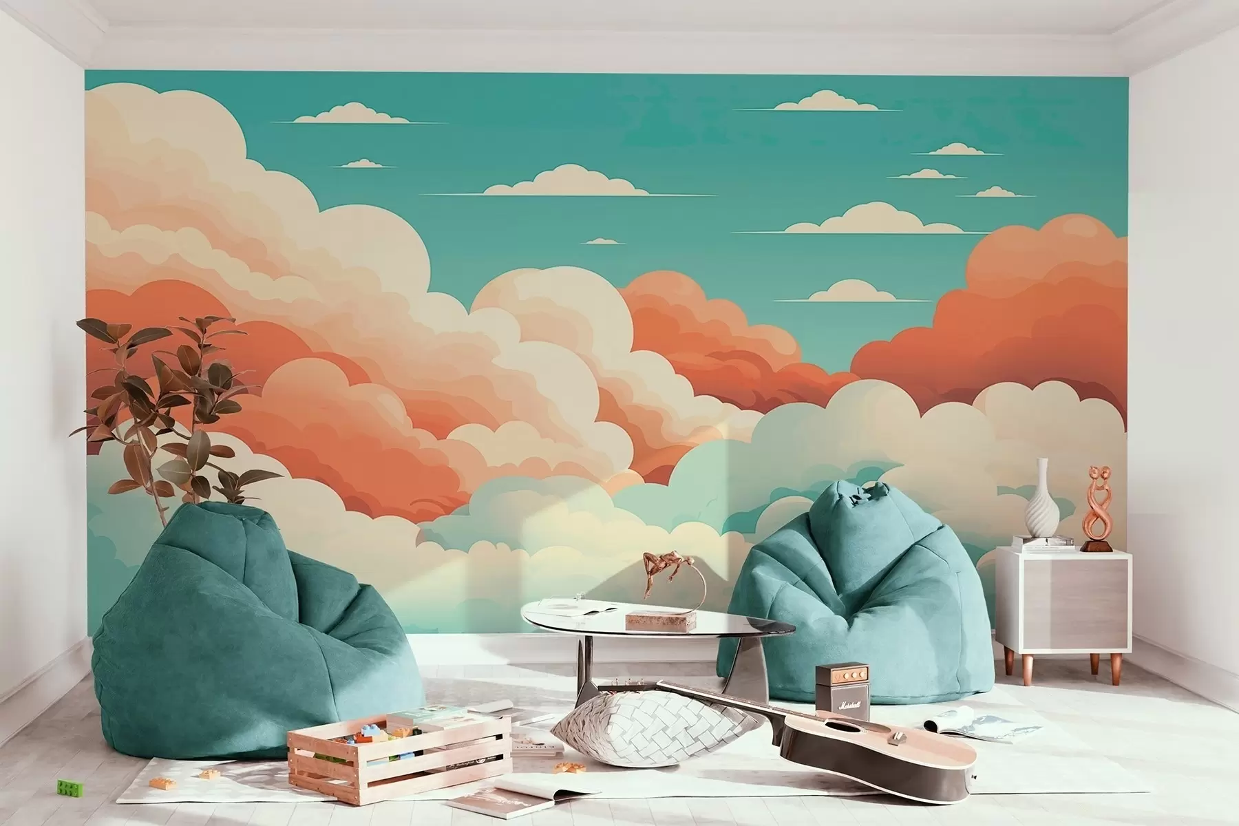 Papier peint Nuages fantaisistes de style bande dessinée sous un ciel bleu w09246