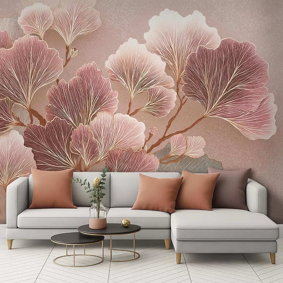 Papier peint Branche de feuilles dans les tons roses et violets w09249