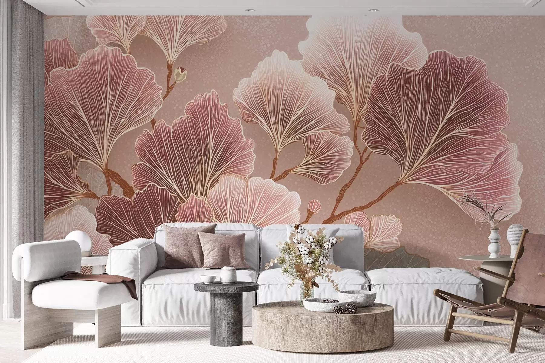 Papier peint Branche de feuilles dans les tons roses et violets w09249
