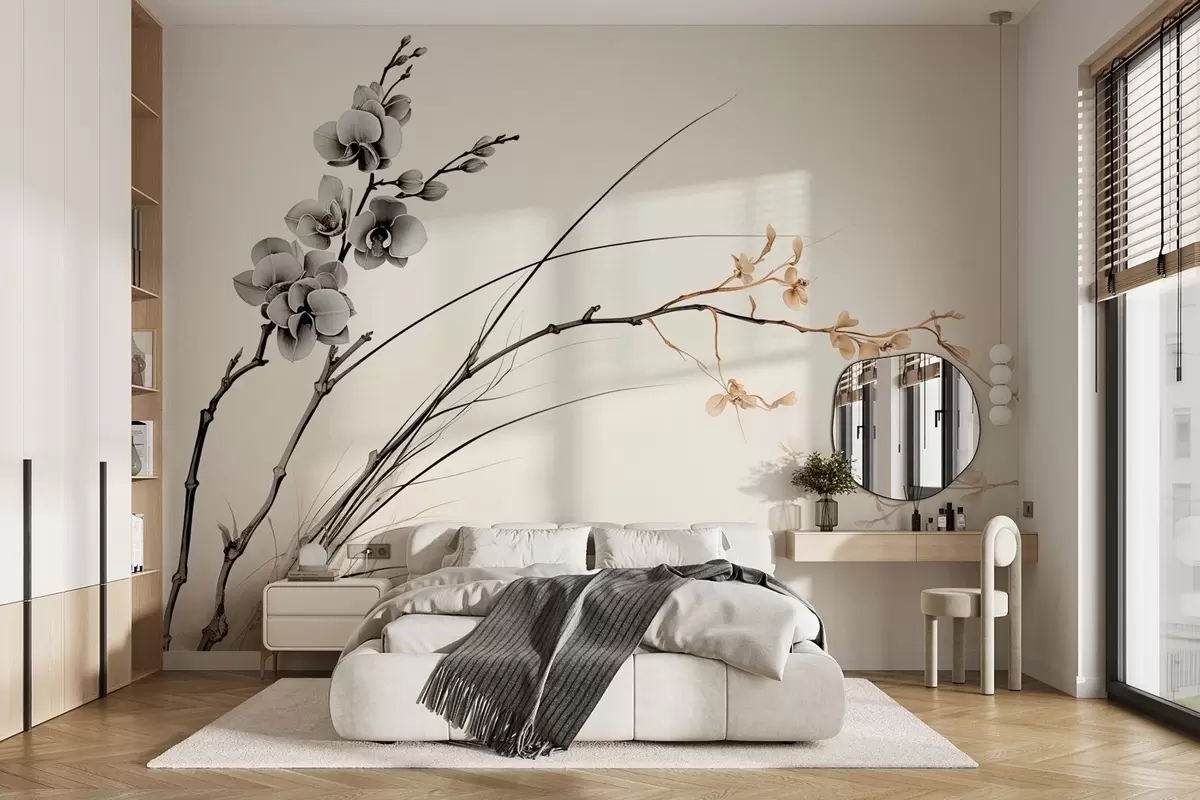 Papier peint Branche d'orchidée minimaliste dans des tons gris et sépia doux w09250