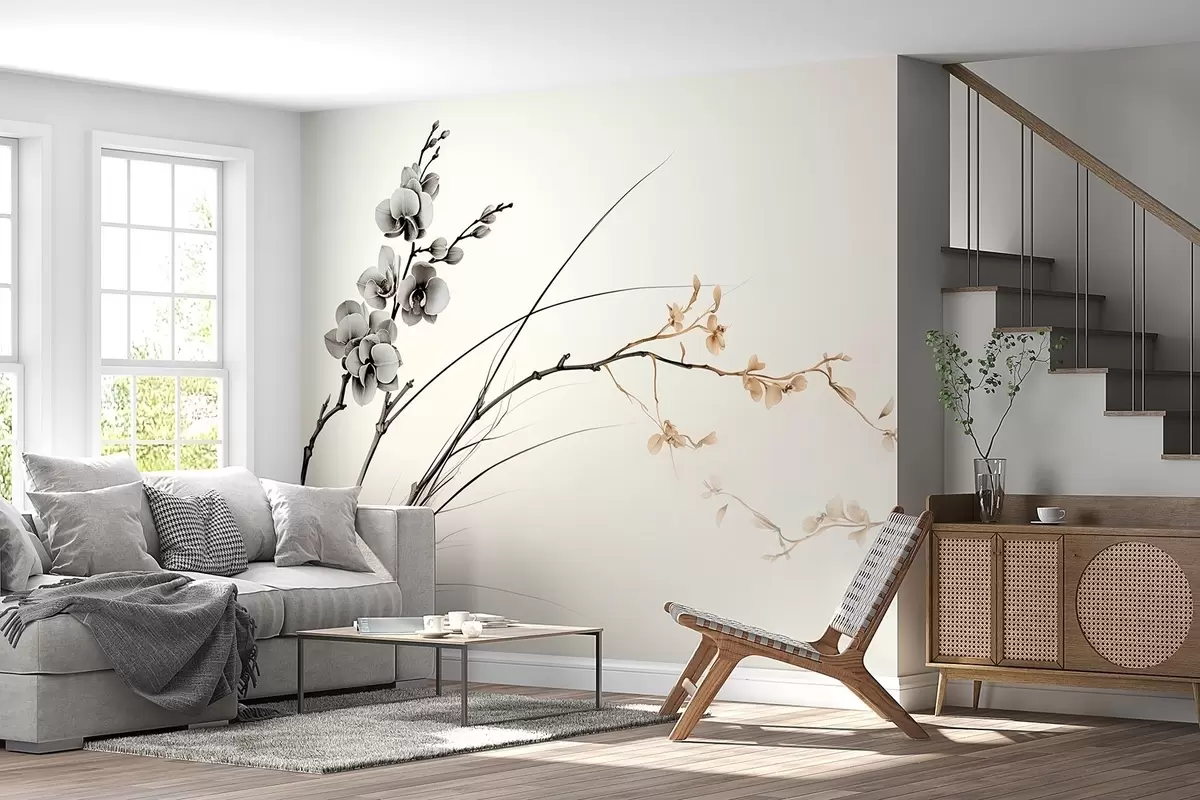 Papier peint Branche d'orchidée minimaliste dans des tons gris et sépia doux w09250