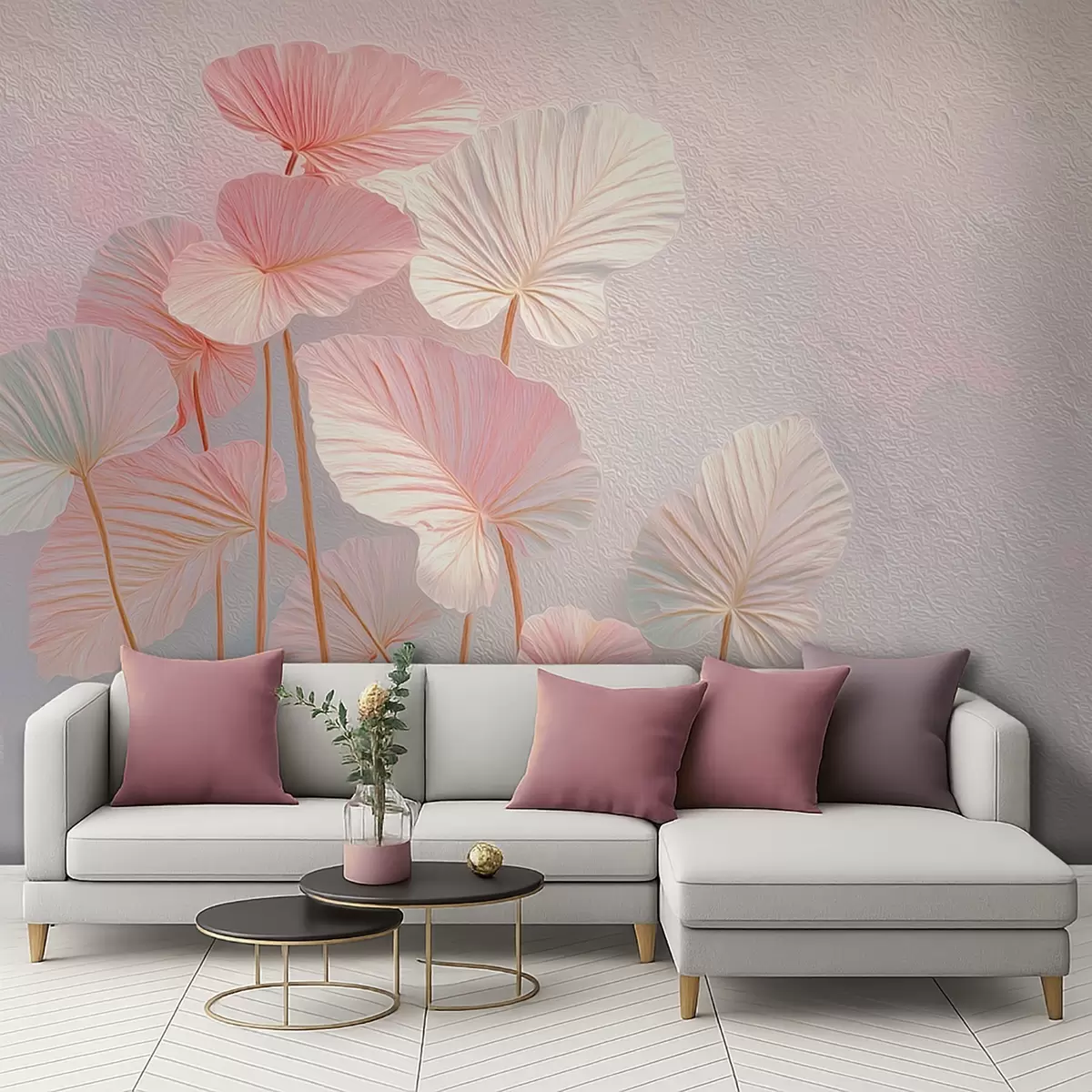 Papier peint Grandes feuilles tropicales élégantes dans des tons roses et bleus doux w09252