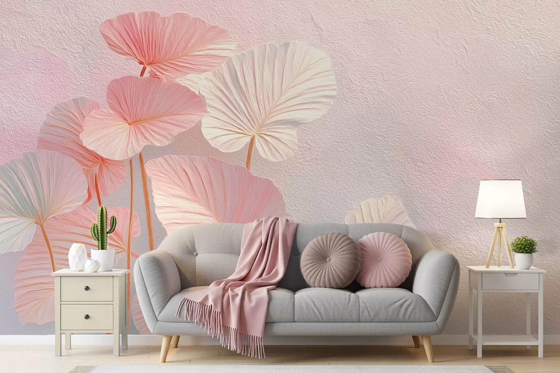 Papier peint Grandes feuilles tropicales élégantes dans des tons roses et bleus doux w09252