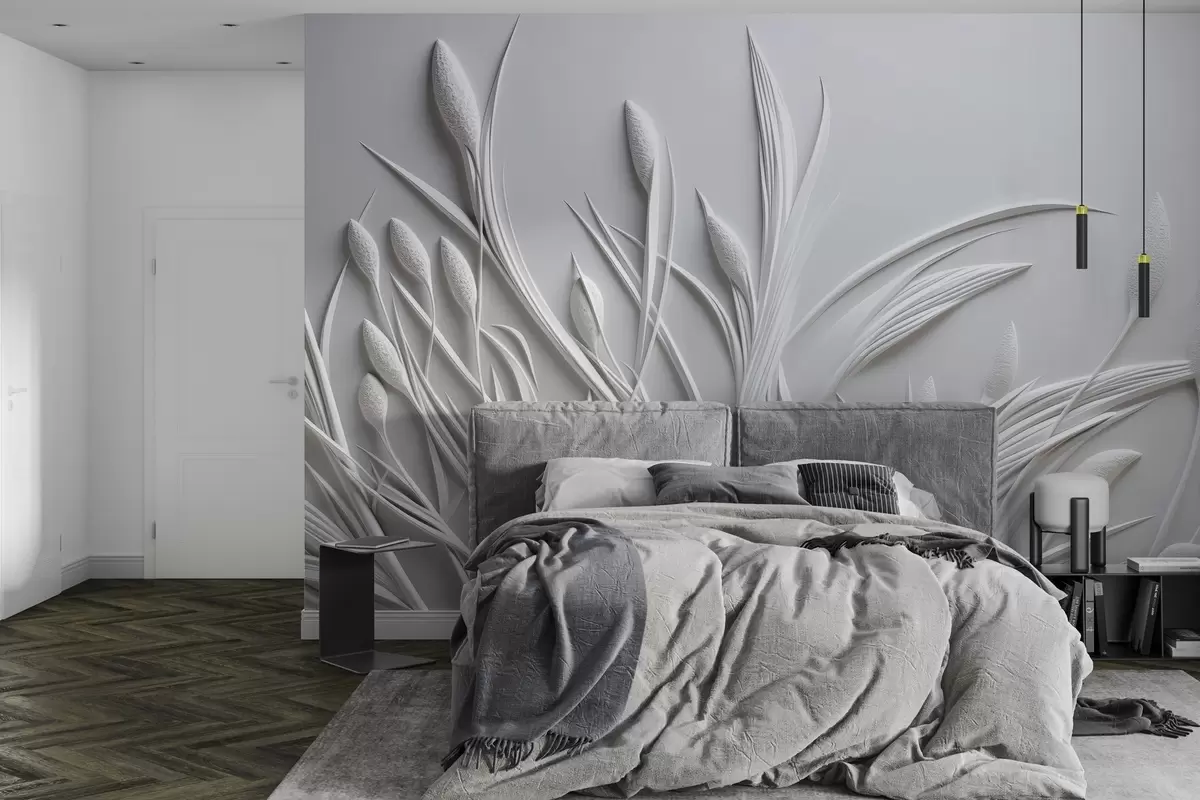 Papier peint Bas-relief avec feuilles délicates et pampas w04247