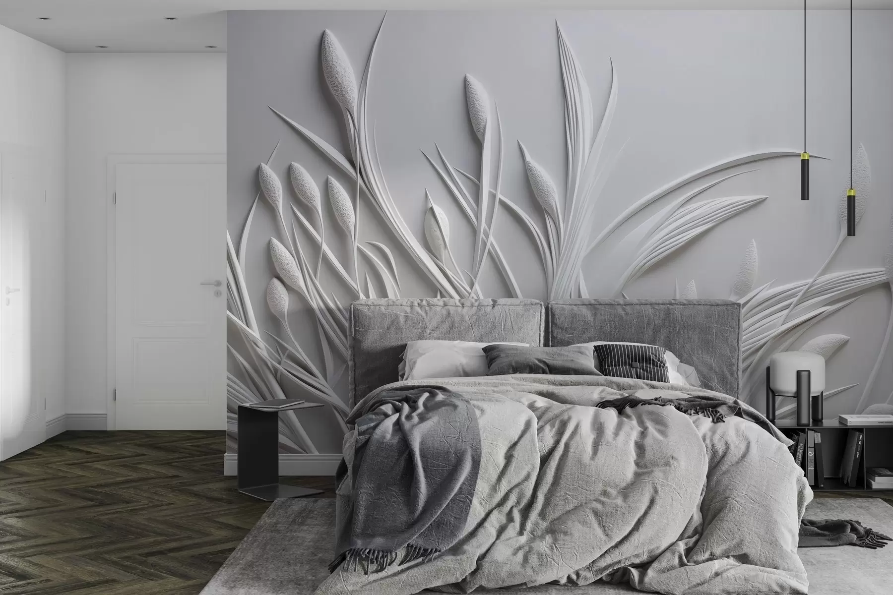 Papier peint Bas-relief avec feuilles délicates et pampas w04247