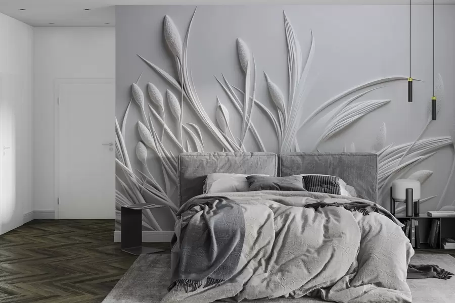 Papier peint Bas-relief avec feuilles délicates et pampas w04247