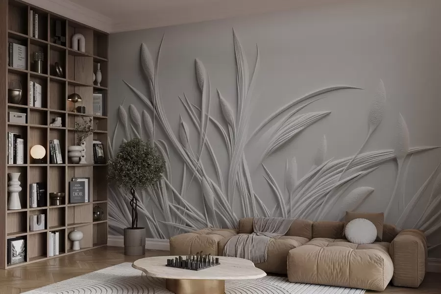 Papier peint Bas-relief avec feuilles délicates et pampas w04247