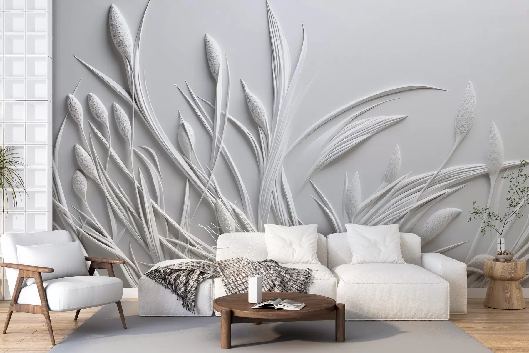 Papier peint Bas-relief avec feuilles délicates et pampas w04247