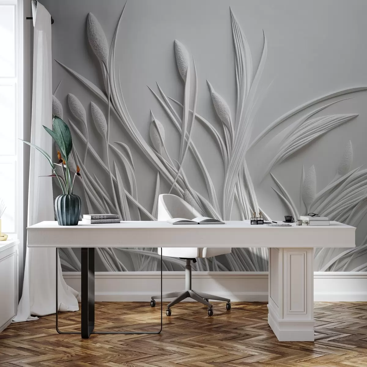 Papier peint Bas-relief avec feuilles délicates et pampas w04247