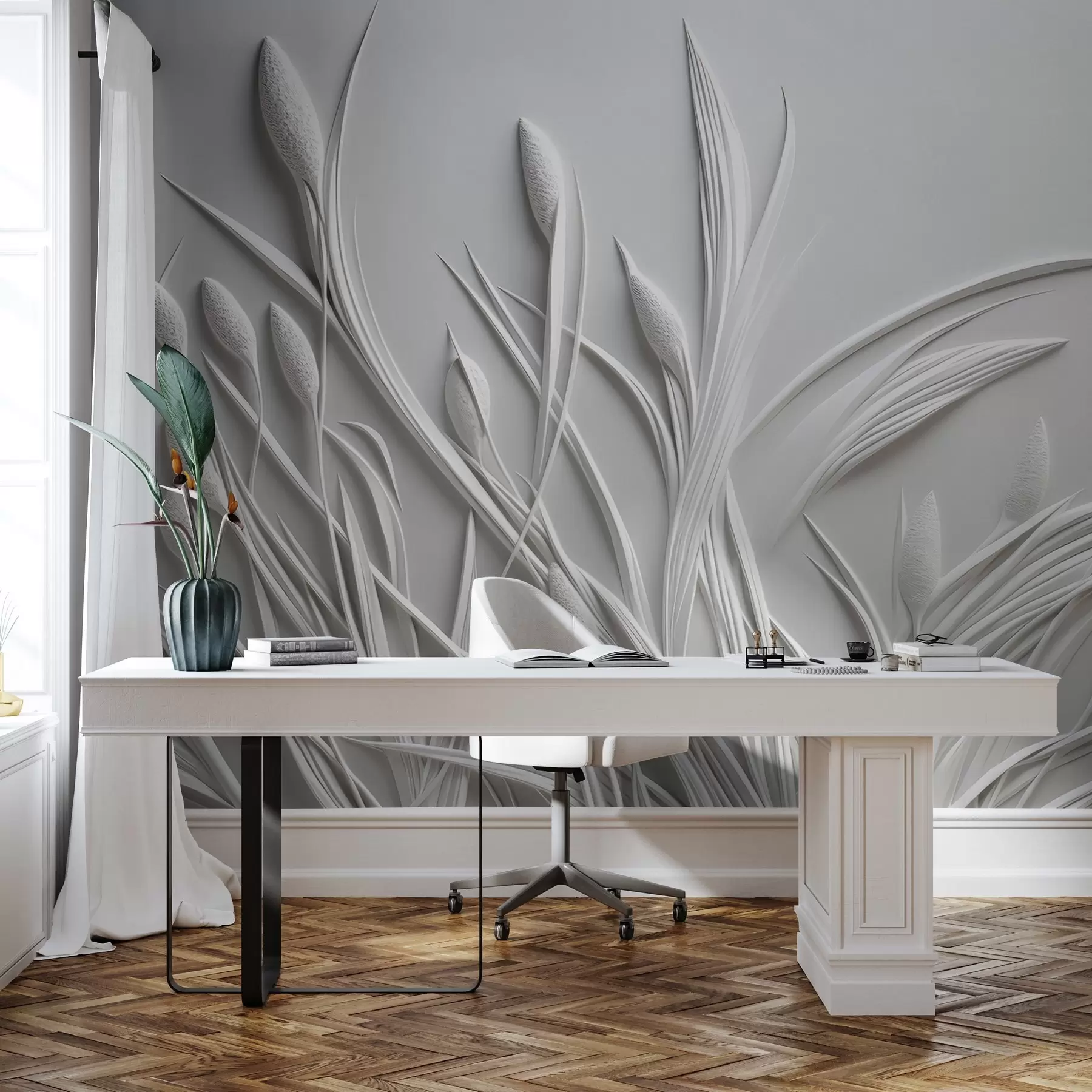 Papier peint Bas-relief avec feuilles délicates et pampas w04247