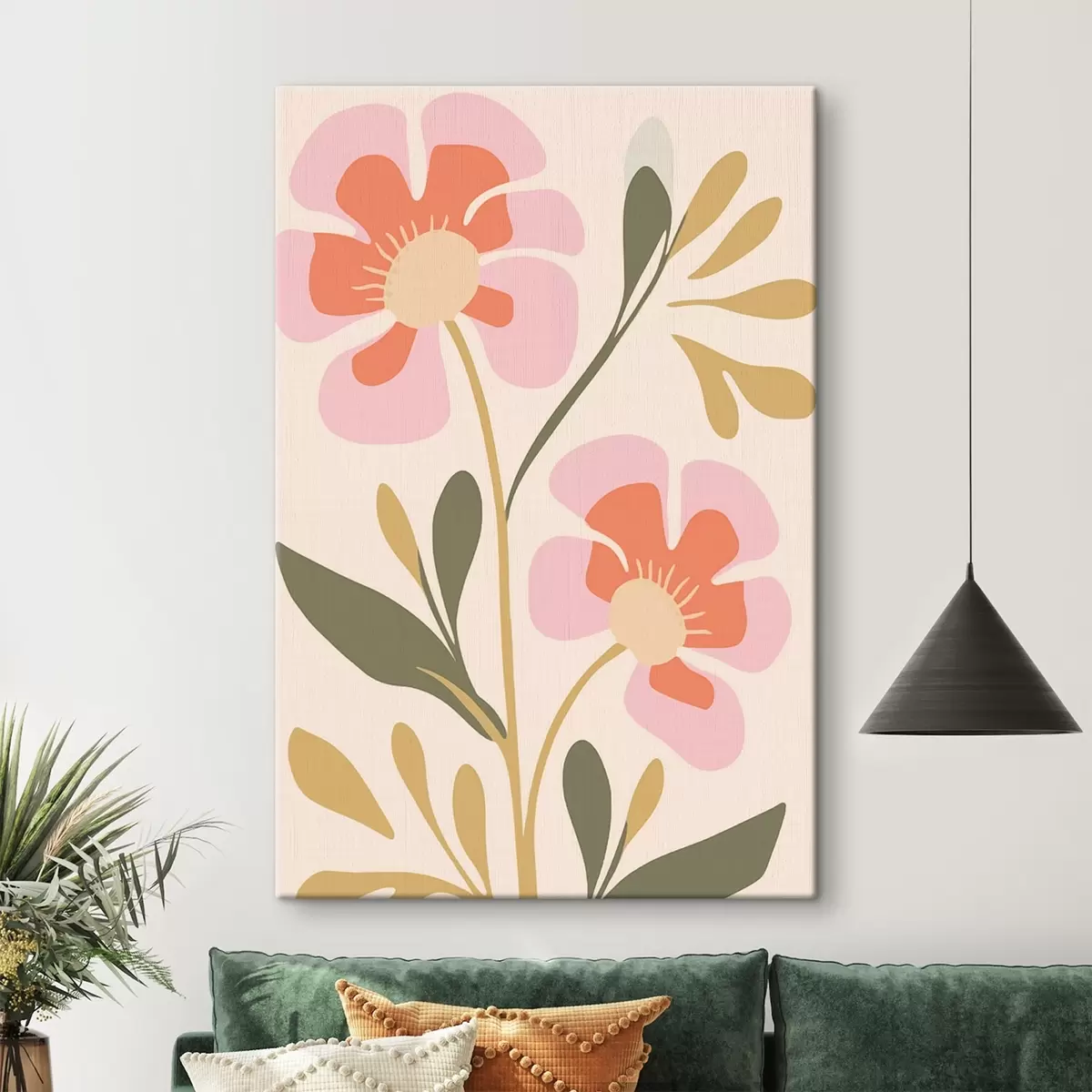 Tableau Fleurs stylisées roses et orange avec des feuilles vertes s45140