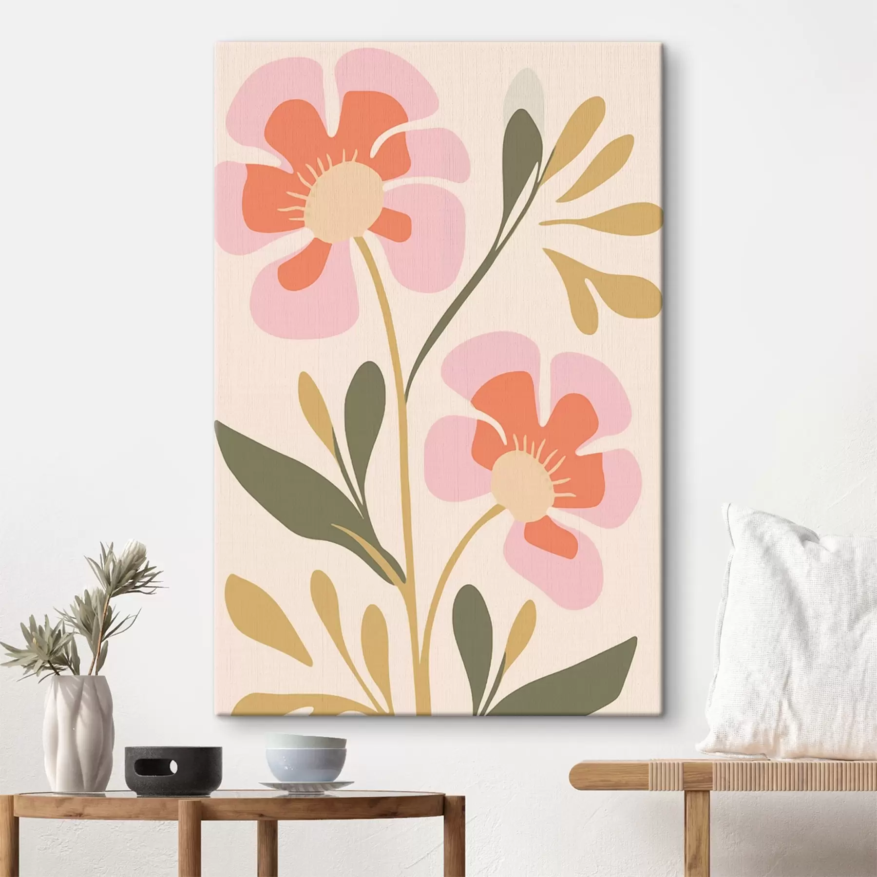 Papier peint Fleurs stylisées roses et orange avec des feuilles vertes s45140
