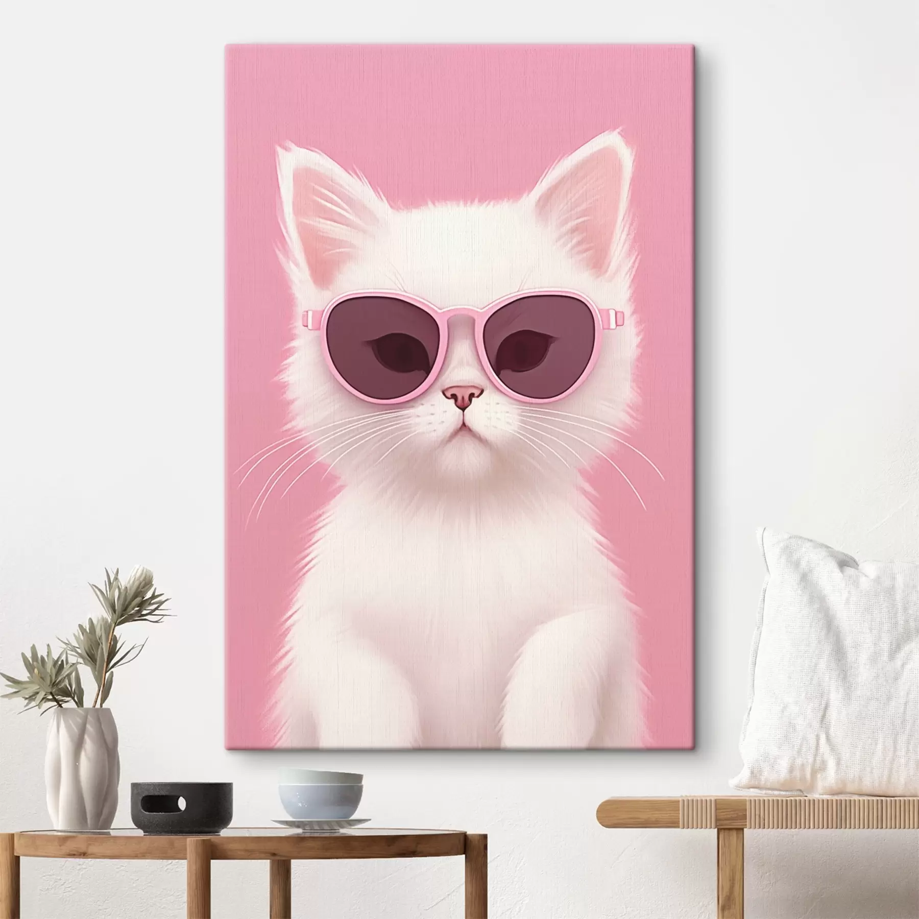 Tableau Chat blanc avec des lunettes roses s45145
