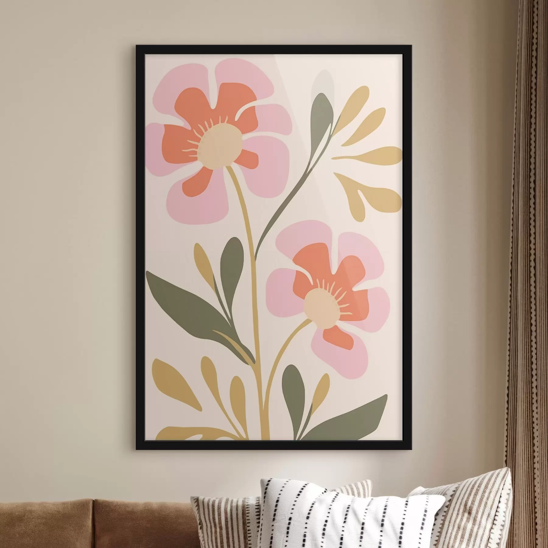 Papier peint Fleurs stylisées roses et orange avec des feuilles vertes f45140
