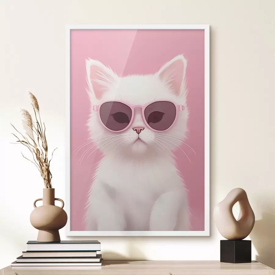 Papier peint Chat blanc avec des lunettes roses f45145