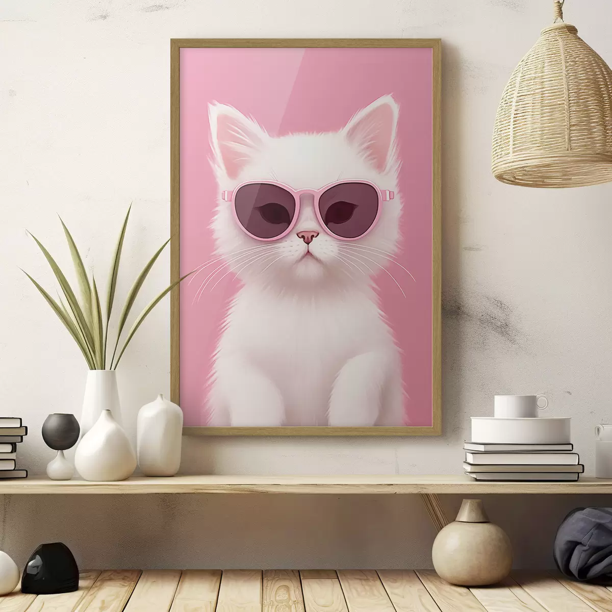 Poster Chat blanc avec des lunettes roses f45145
