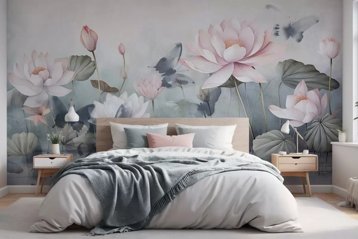 Papier peint Fleurs de lotus texturées avec pétales roses pastel, feuilles vertes, reflet de l'eau, couleurs douces pastel, effet aquarelle w09254