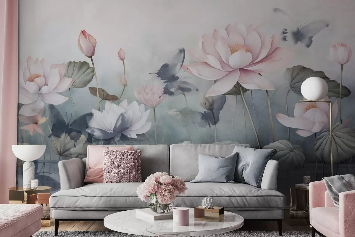 Papier peint Fleurs de lotus texturées avec pétales roses pastel, feuilles vertes, reflet de l'eau, couleurs douces pastel, effet aquarelle w09254