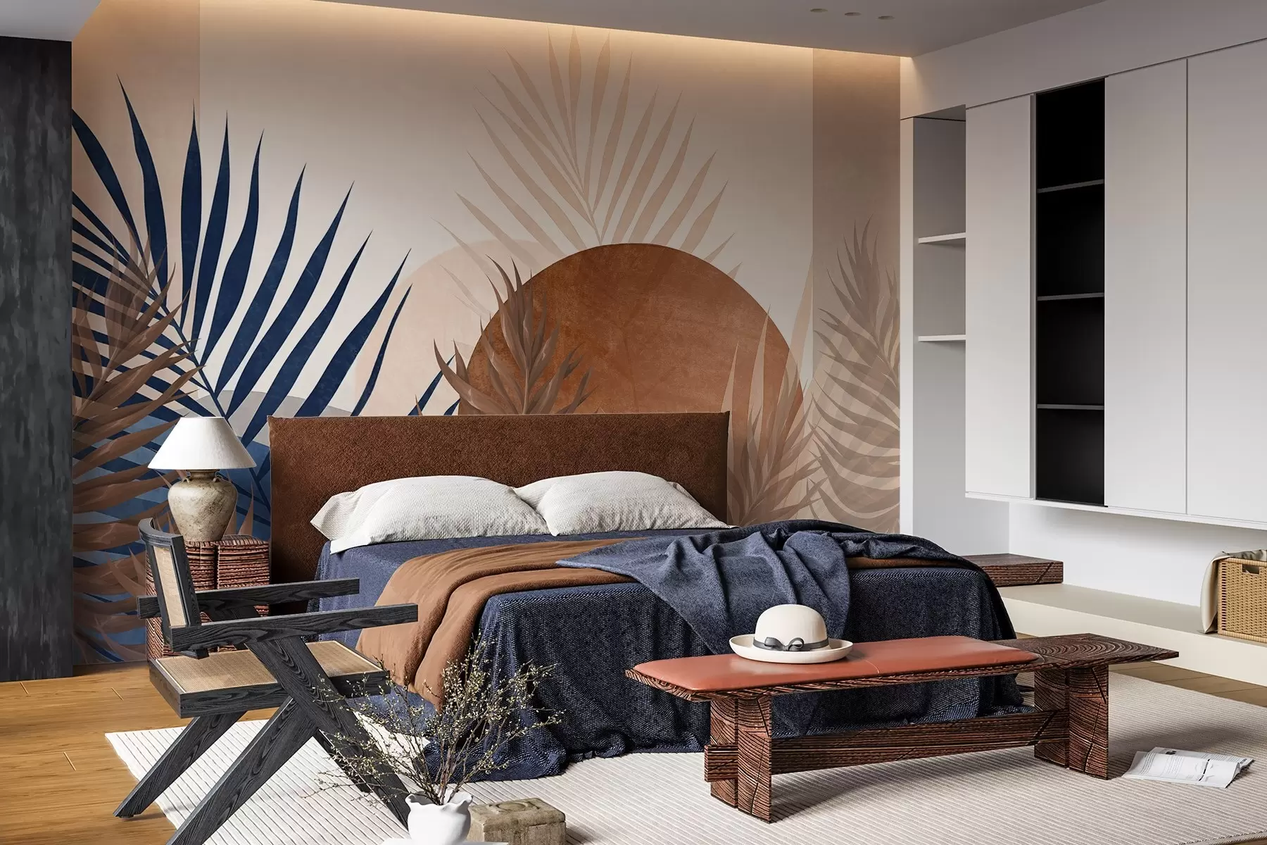 Papier peint Composition abstraite texturée représentant des feuilles tropicales dans des tons de bleu et de terre, avec une grande forme circulaire w09257